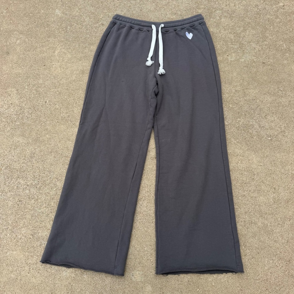 Kerri Rosenthal Sweatpants Womens M Gray Heart Wide Leg Raw Hem Lounge Comfy